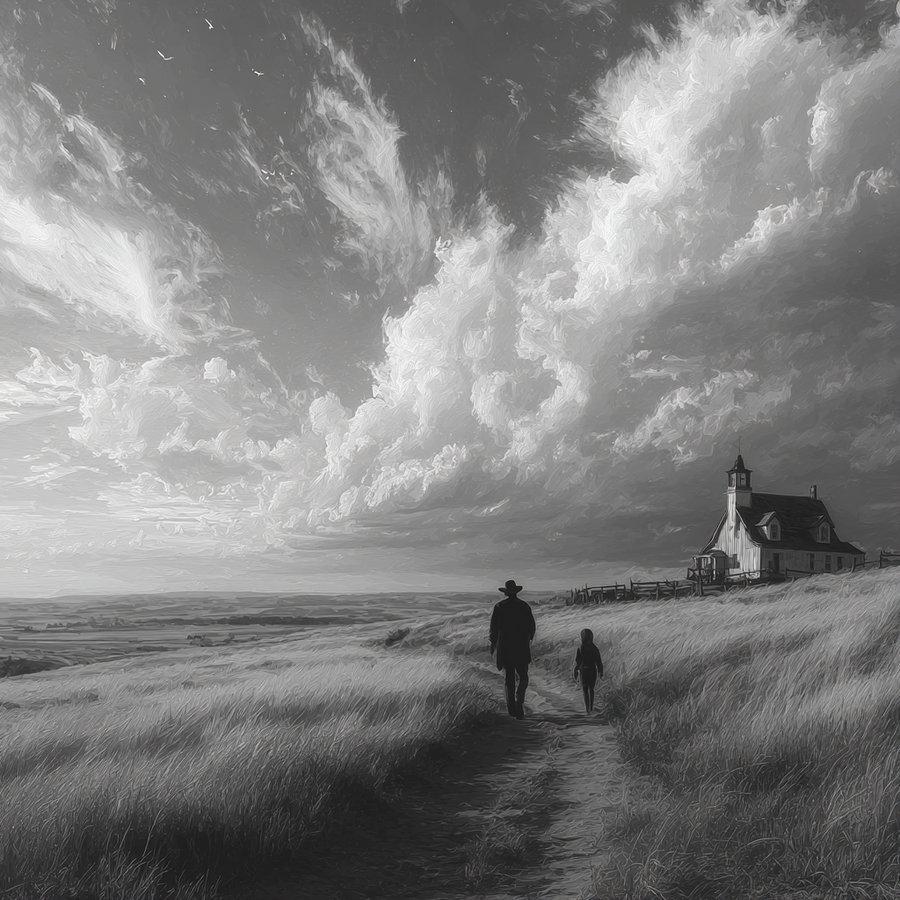 Black and white painting of a person and a child walking on a dirt path through tall grass towards a farmhouse under a sky with large, dramatic clouds