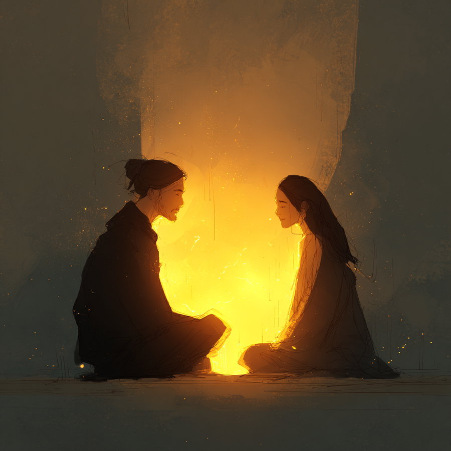 Digital artwork of a man and woman sitting cross-legged facing each other with eyes closed, illuminated by a warm bright light in the center against a dark background