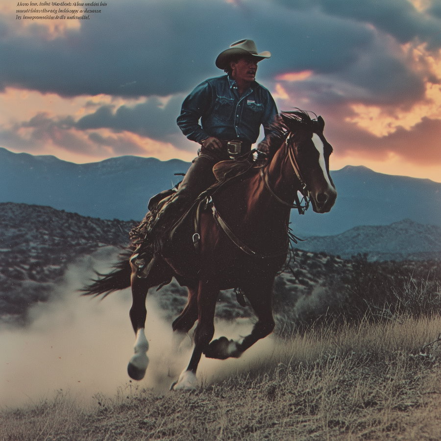 A cowboy in a blue shirt and beige hat rides a galloping brown horse through a dusty desert terrain with mountains and a colorful sunset sky in the background.