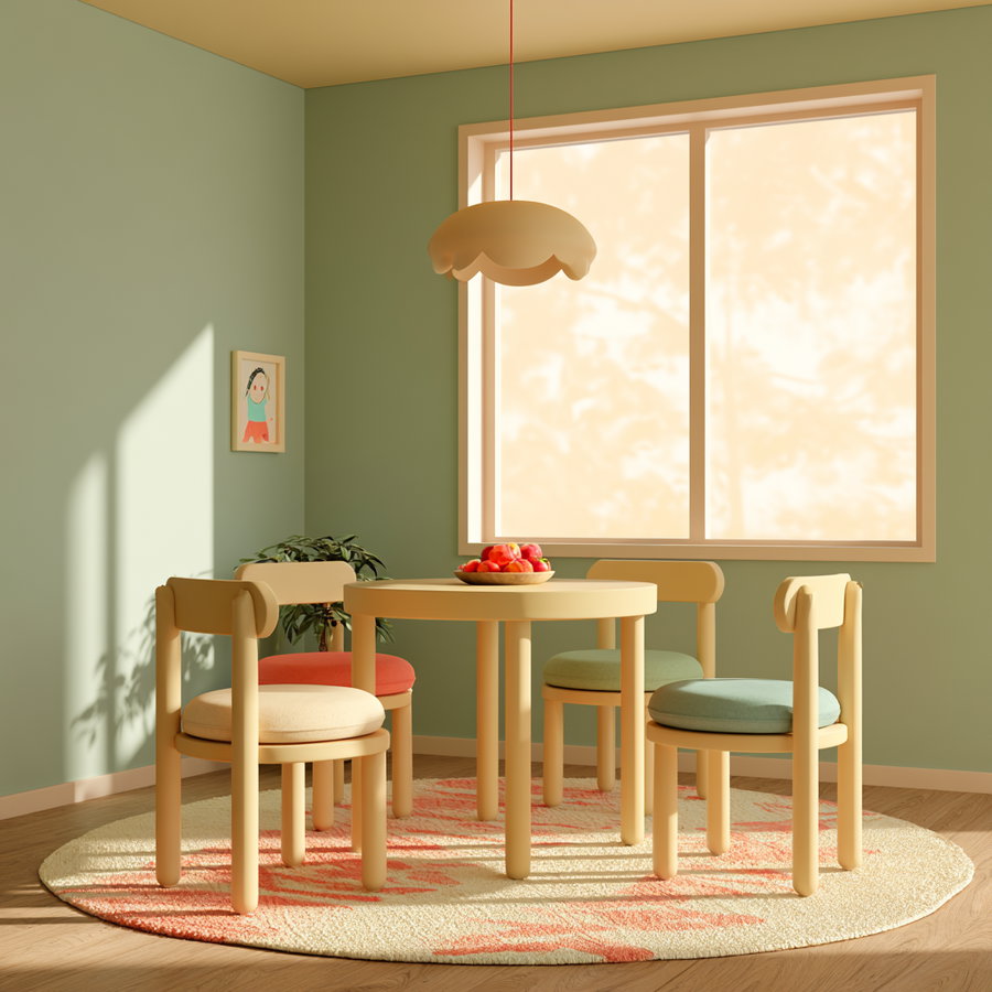 A cozy dining nook featuring a round table with pastel-colored chairs, a light fixture hanging above, a plant near the window, and a framed art piece on the wall.
