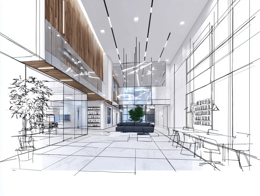 Architectural sketch showing a spacious modern living area with high ceiling, contemporary lighting, glass walls, wooden panel accents, indoor plants, and minimalist furniture