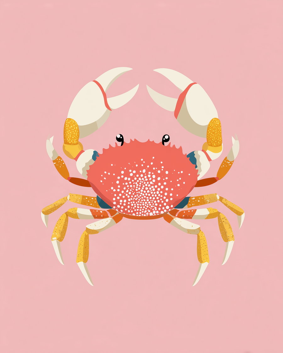 Digital illustration of a crab with red, yellow, and white hues on a plain pink backdrop