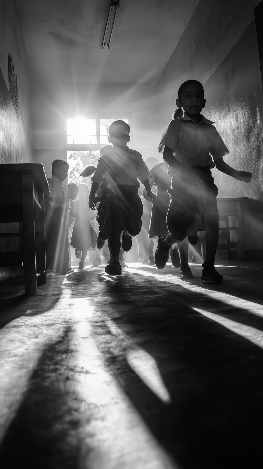 Black and white image showing children running inside a corridor with sunlight streaming through a window, creating long shadows on the floor.