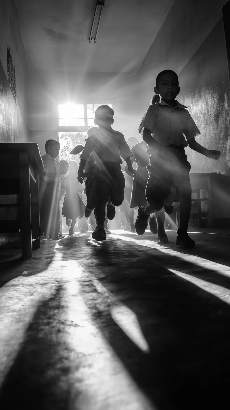 Black and white photo of children running in a sunlit corridor casting long shadows