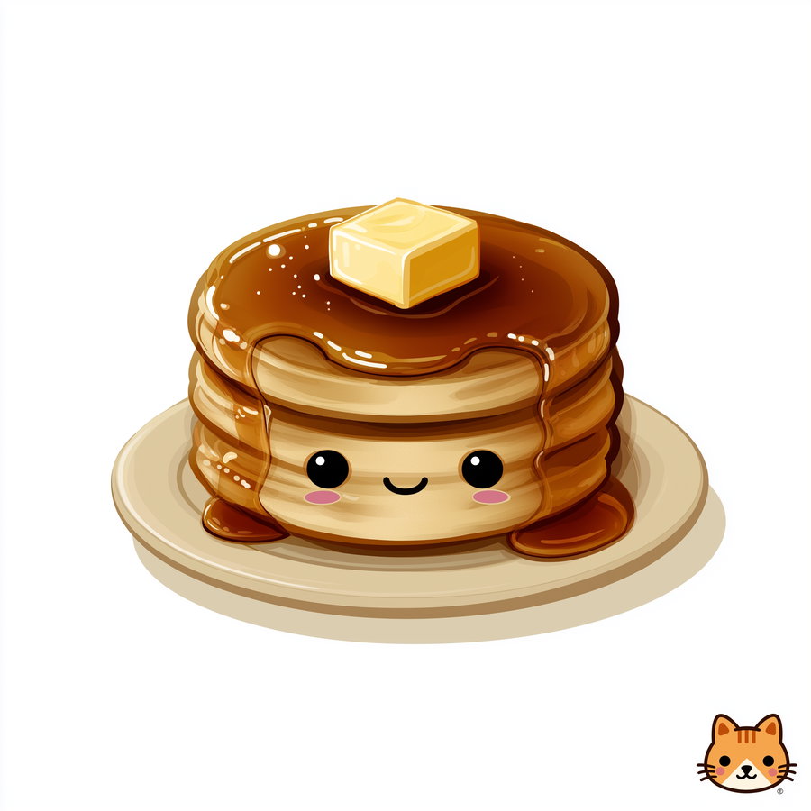 Illustration of a stack of pancakes with syrup and a square of butter on top, featuring a cute smiling face with big eyes and blushing cheeks, placed on a beige plate.