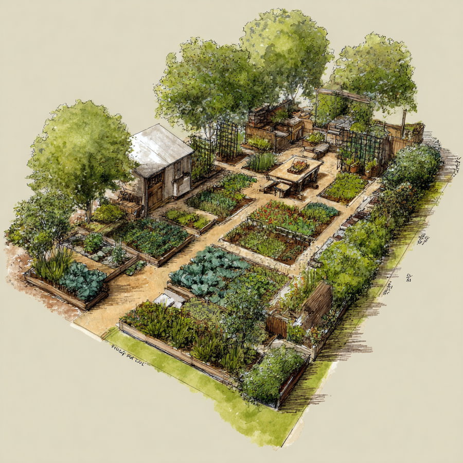 Illustration of a garden with multiple rectangular plant beds, leafy plants, trees, a small shed, a table with chairs, and surrounding bushes