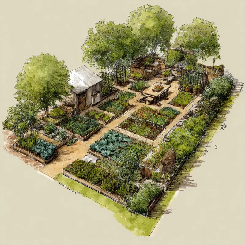 Detailed garden landscape illustration showcasing organized plant beds and trees