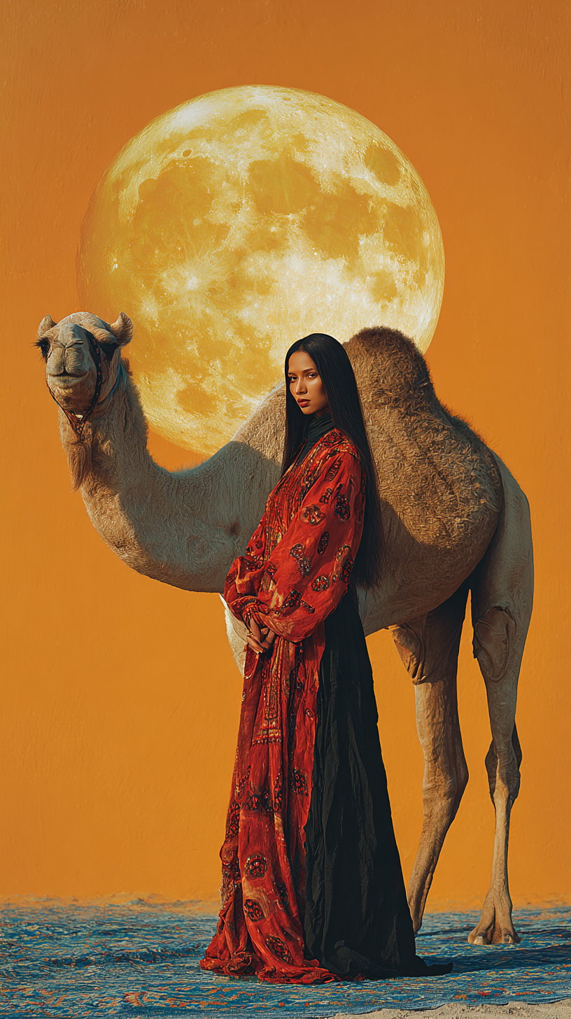 A woman in a flowing red and black dress stands beside a camel with a huge full moon behind them against an orange background