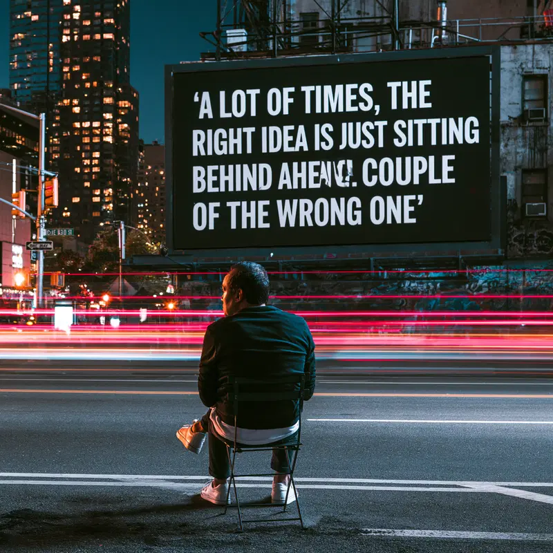 Nighttime urban scene with man sitting in front of a large inspirational quote billboard