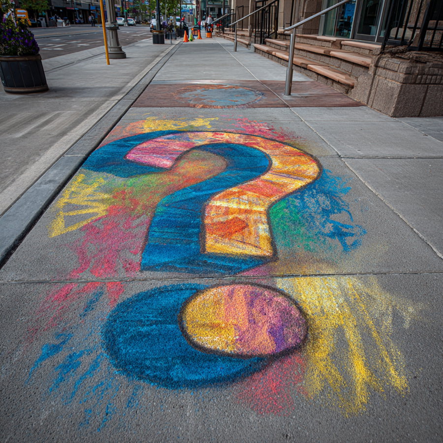 Sidewalk chalk drawing of a large question mark with colorful patterns and splashes on a city pavement