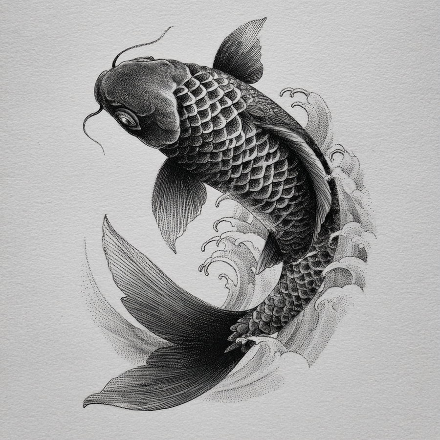 Black and white ink drawing of a koi fish swimming with stylized water waves on a white background