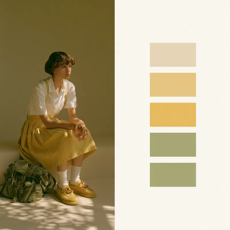 Portrait of a young woman in warm tones sitting with a green backpack