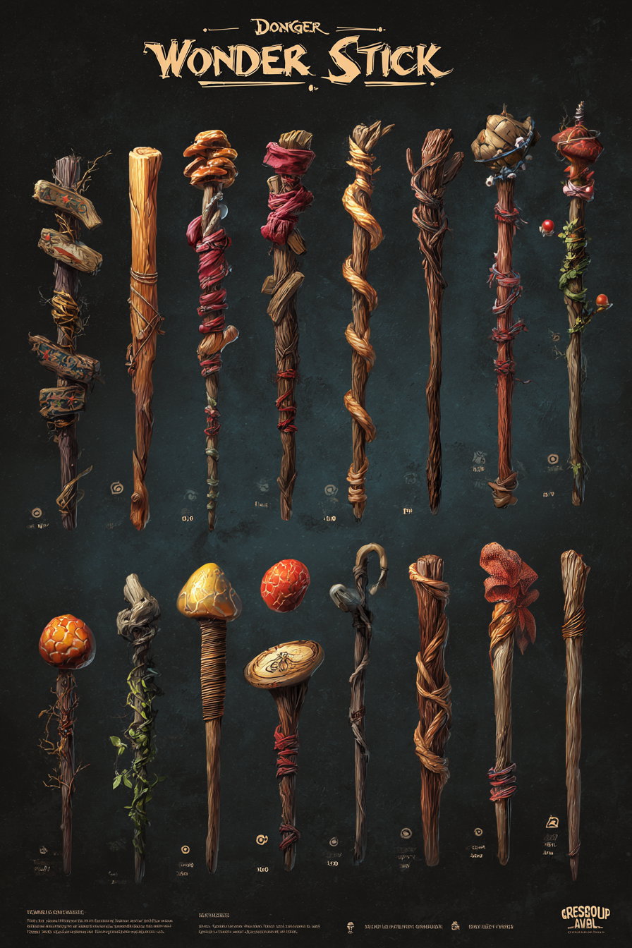 Illustration of sixteen fantasy wonder sticks with different decorations, textures, and shapes on a dark background