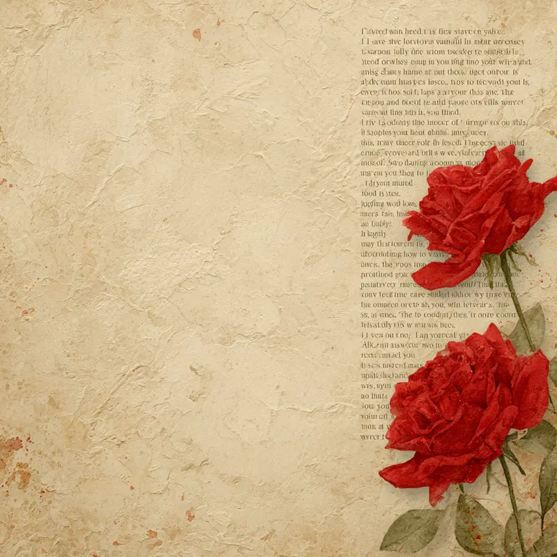 Vintage style artwork featuring two red roses and textured background with script text