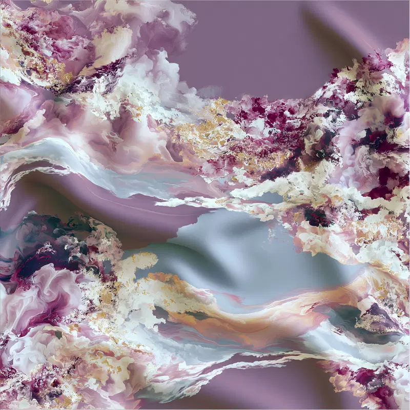 Abstract swirling patterns in soft purple, cream, and gold tones