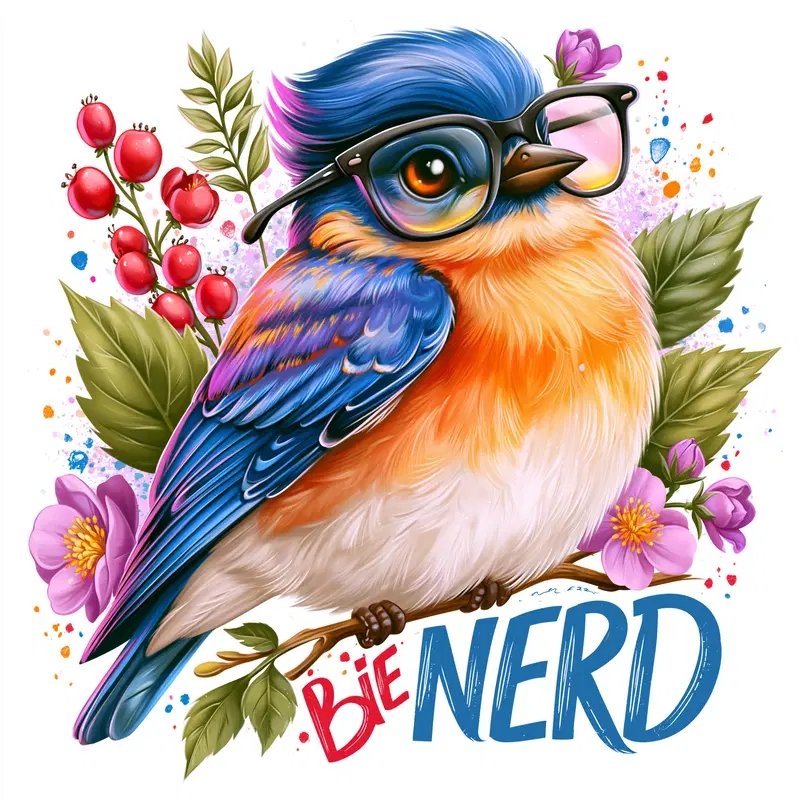 Colorful illustrated bird wearing glasses with floral decor