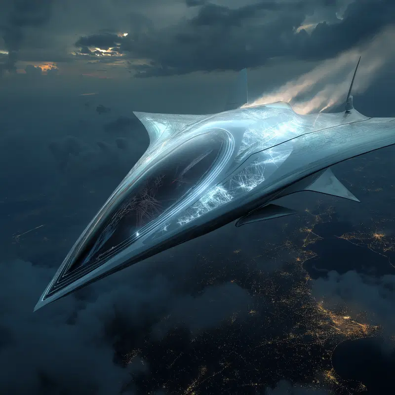 Futuristic sleek aircraft flying over illuminated cityscape at dusk