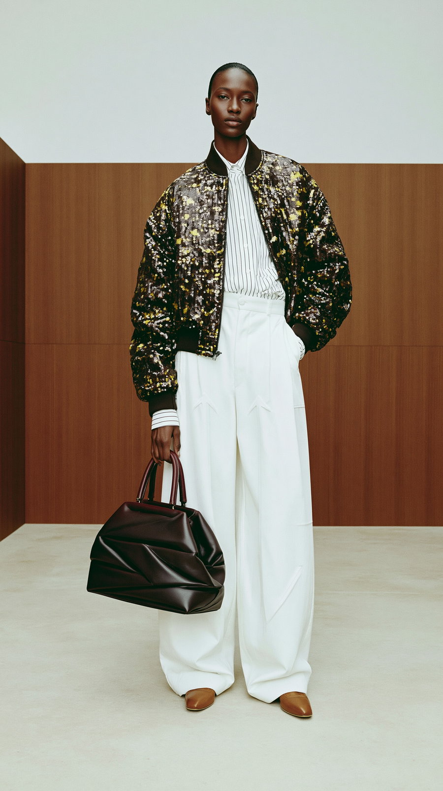 A person standing in a minimalistic indoor setting wearing a shiny brown and gold sequined jacket, striped shirt, wide white trousers, brown shoes, and holding a large dark brown leather handbag.