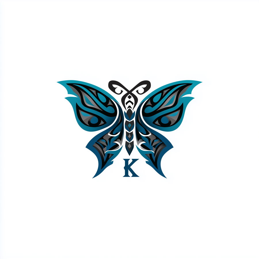 A stylized butterfly illustration in shades of blue, black, and gray with tribal-inspired patterns and a letter K below the butterfly body, on a white background.