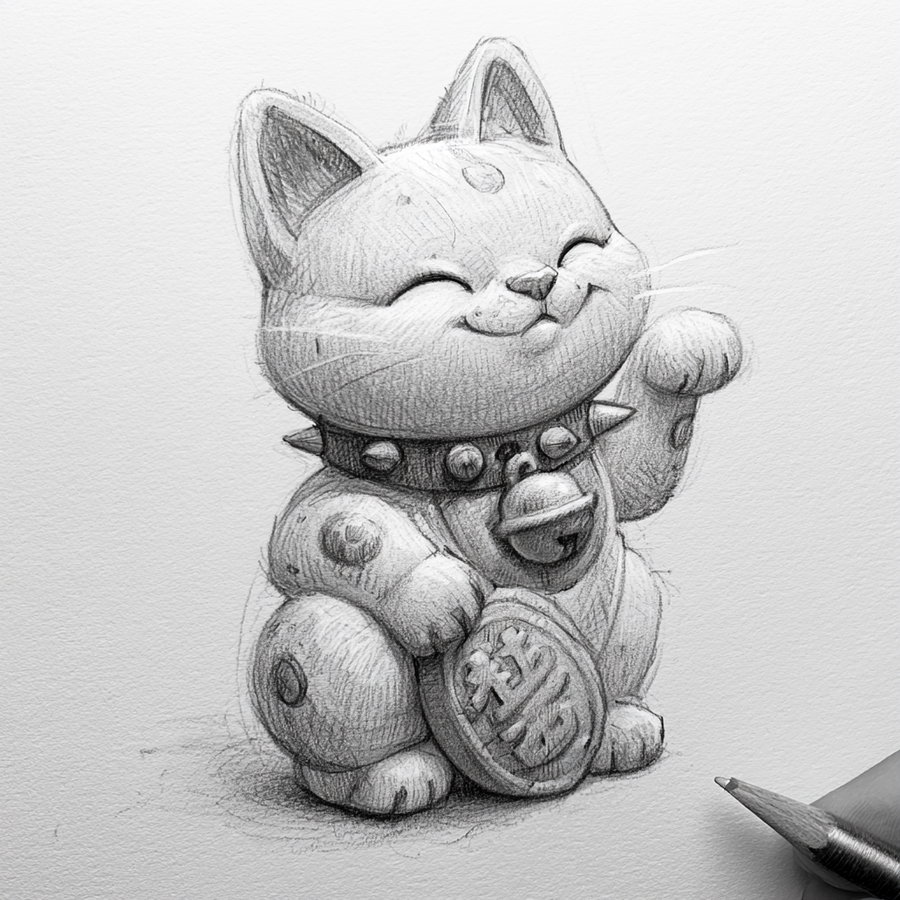 Black and white pencil drawing of a smiling lucky cat figure holding a coin, with a collar and bell, on white paper with a hand holding a pencil at the bottom right