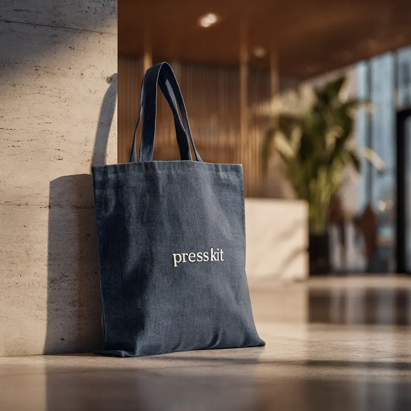Minimalist navy tote bag with press kit text in modern interior