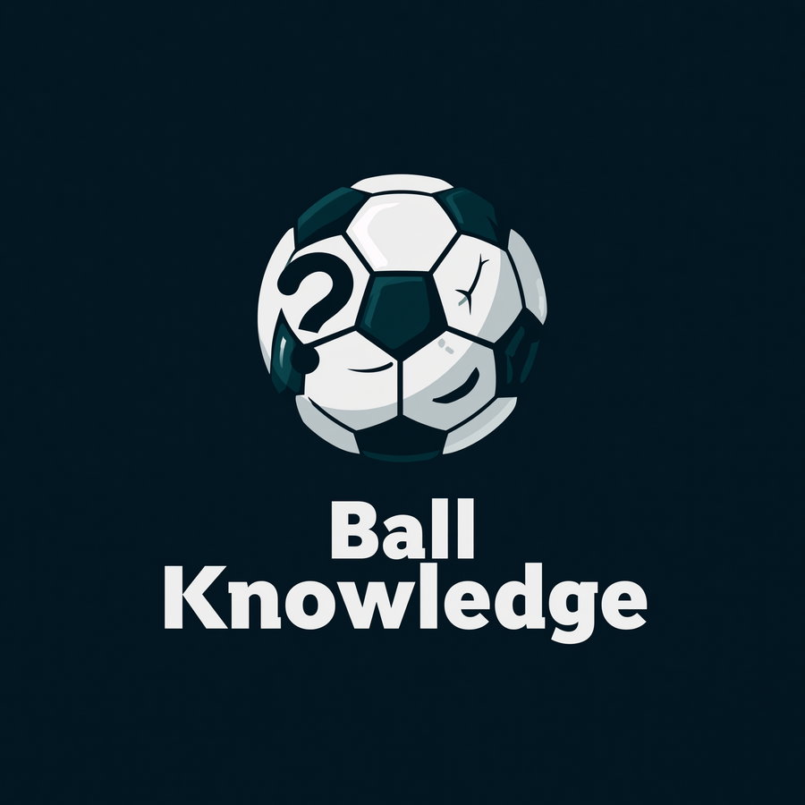 a stylized black and white soccer ball with a question mark and cracks on its surface, above the text Ball Knowledge on a dark background