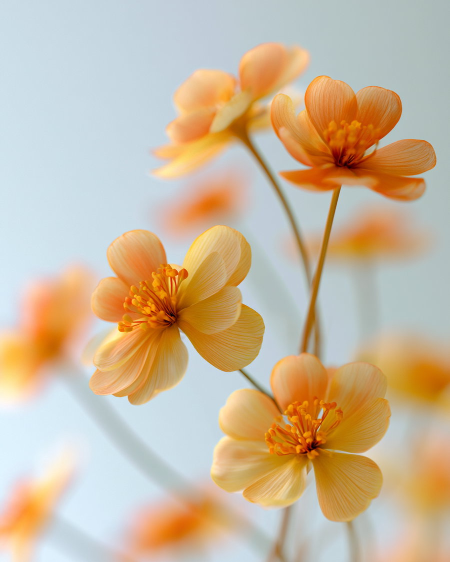 Detailed close-up of several orange and yellow flowers with visible petals and stamens against a blurred light blue background
