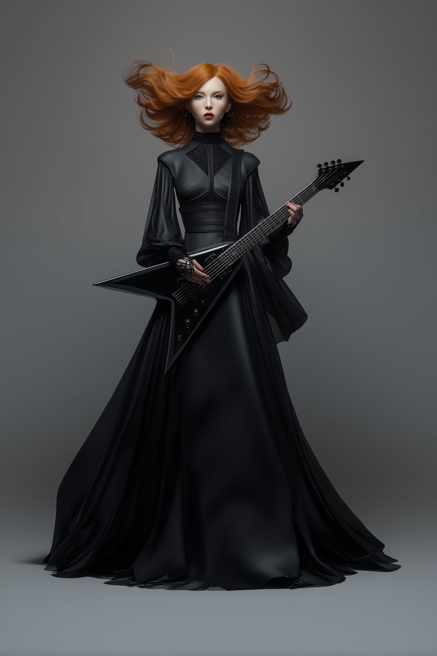 A woman with flowing red hair wearing a long black gown holding and playing a black electric guitar against a plain gray background