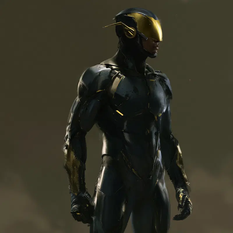 Futuristic armored figure in sleek black and gold suit standing against dark background