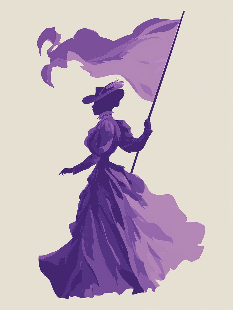 Illustration of a woman in a flowing purple Victorian dress and hat holding a large purple flag against a light background