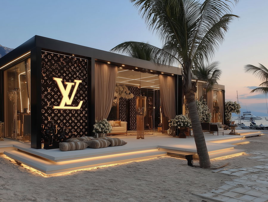 A modern glass and black metal pavilion on a sandy beach, featuring a large illuminated Louis Vuitton logo, with palm trees and seating visible around the structure at dusk.