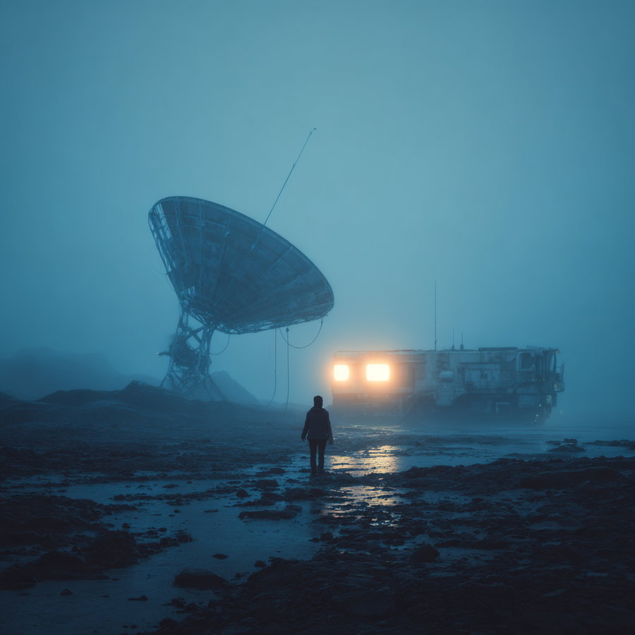 a solitary figure stands on a wet rocky terrain at night facing a large satellite dish and a vehicle with bright lights emitting a blue foggy atmosphere
