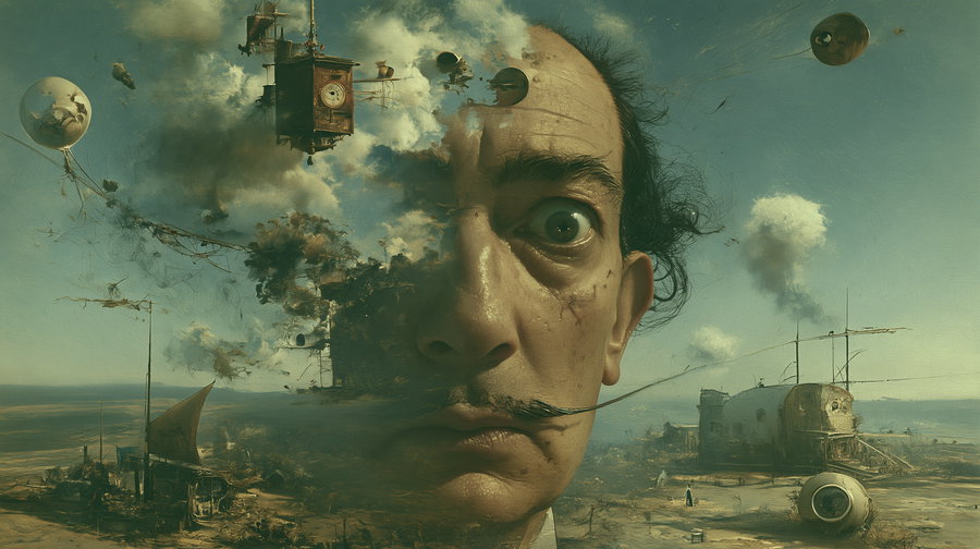 A large close-up of a man's face with an intense expression, blending into a surreal landscape with floating objects, a clock, clouds, and a barren desert scene with unusual structures and small figures.