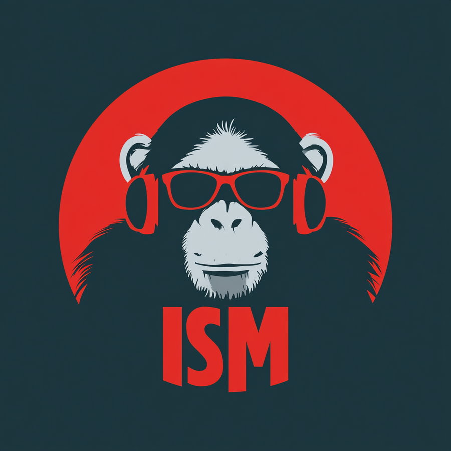 Illustration of a monkey's face with white fur wearing red headphones and red glasses, with the bold red text 'ISM' below and a large red circle background on a dark teal background
