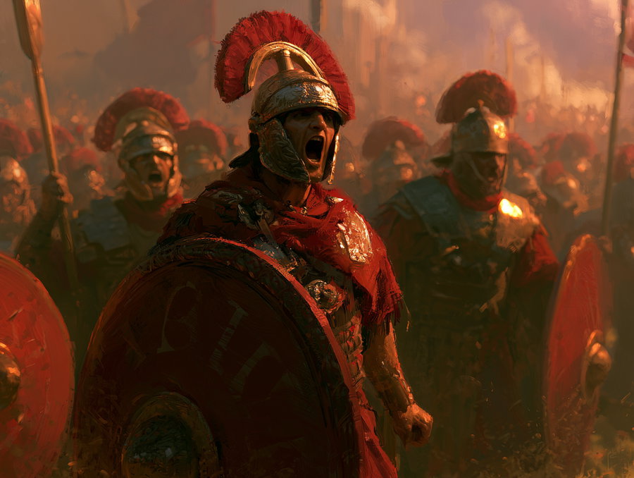 A group of Roman soldiers with red plumed helmets and shields, one soldier in the front shouting, depicted in a warm, intense light with a historical battle atmosphere