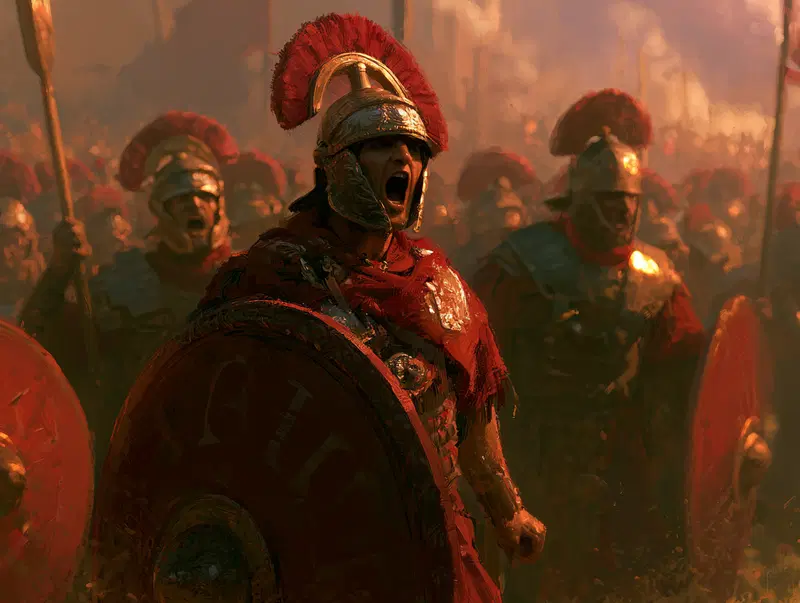 Dramatic depiction of Roman soldiers in battle gear rallying for combat
