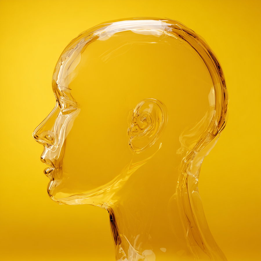 Side view of a clear glass sculpture depicting a human head against a solid yellow backdrop