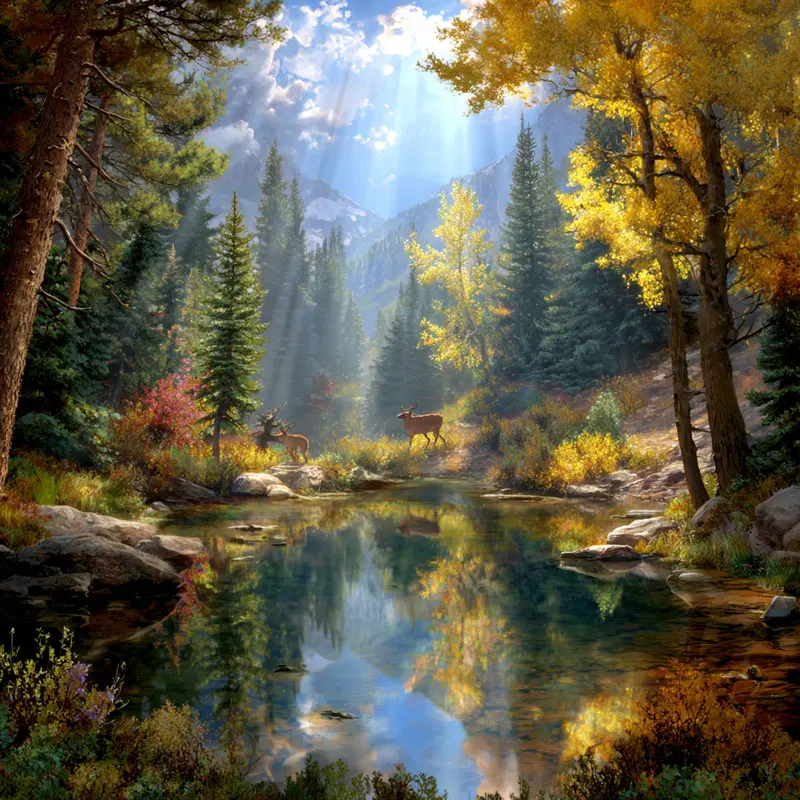 Sunlit Forest Scene with Deer by a Tranquil Mountain Stream