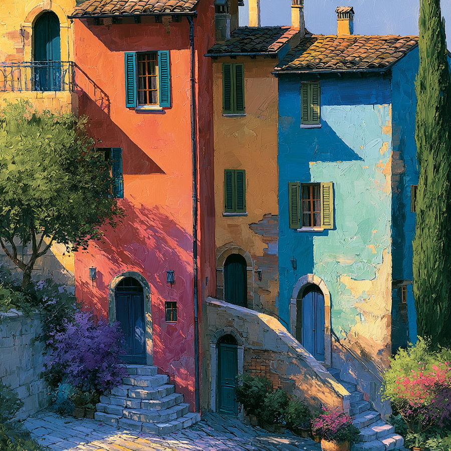 A vibrant painting of classic European houses with colorful facades in shades of red, orange, yellow and blue, stone stairs leading to doorways, and surrounding plants and trees under sunlight.