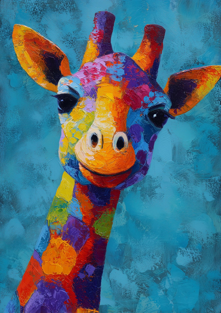 A bright and colorful textured painting of a giraffe's head and neck against a blue textured background, with various colors like orange, purple, red, yellow, and blue