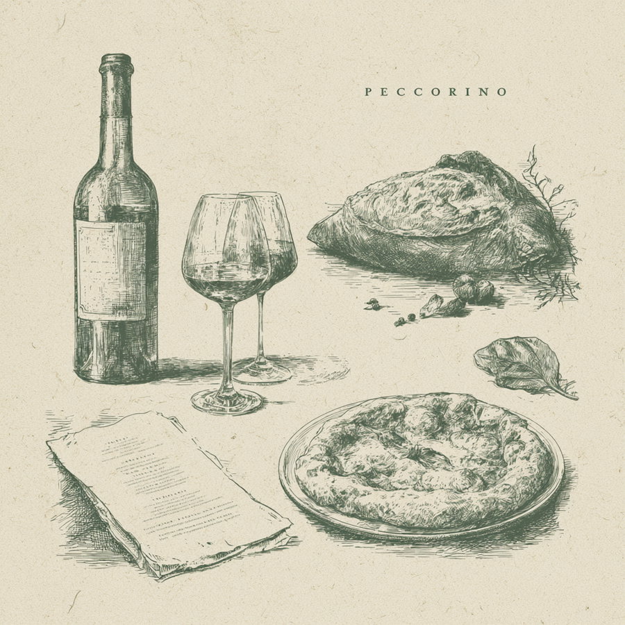 A vintage style drawing featuring a wine bottle, two wine glasses, a loaf of bread, a pizza on a plate, a menu or piece of paper, and a leaf on a beige textured background