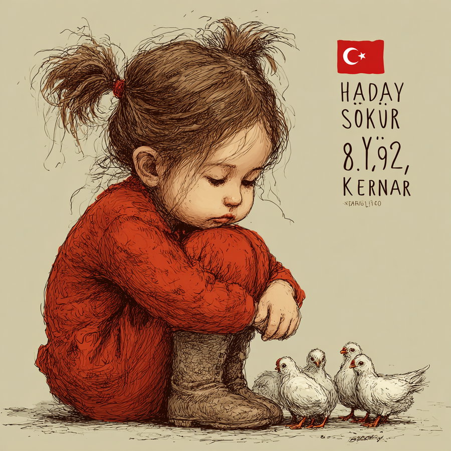 Illustration of a young girl in a red outfit sitting with knees drawn close, accompanied by five small white chickens, with Turkish flag and text on the right side