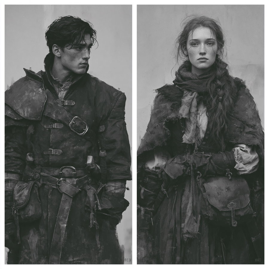 Two black and white portraits side by side; the left portrait depicts a young man with dark hair wearing worn medieval clothing with a shoulder strap and buckles, looking to the side; the right portrait shows a young woman with long braided hair wearing a tattered cloak and scarf, facing forward with a serious expression.