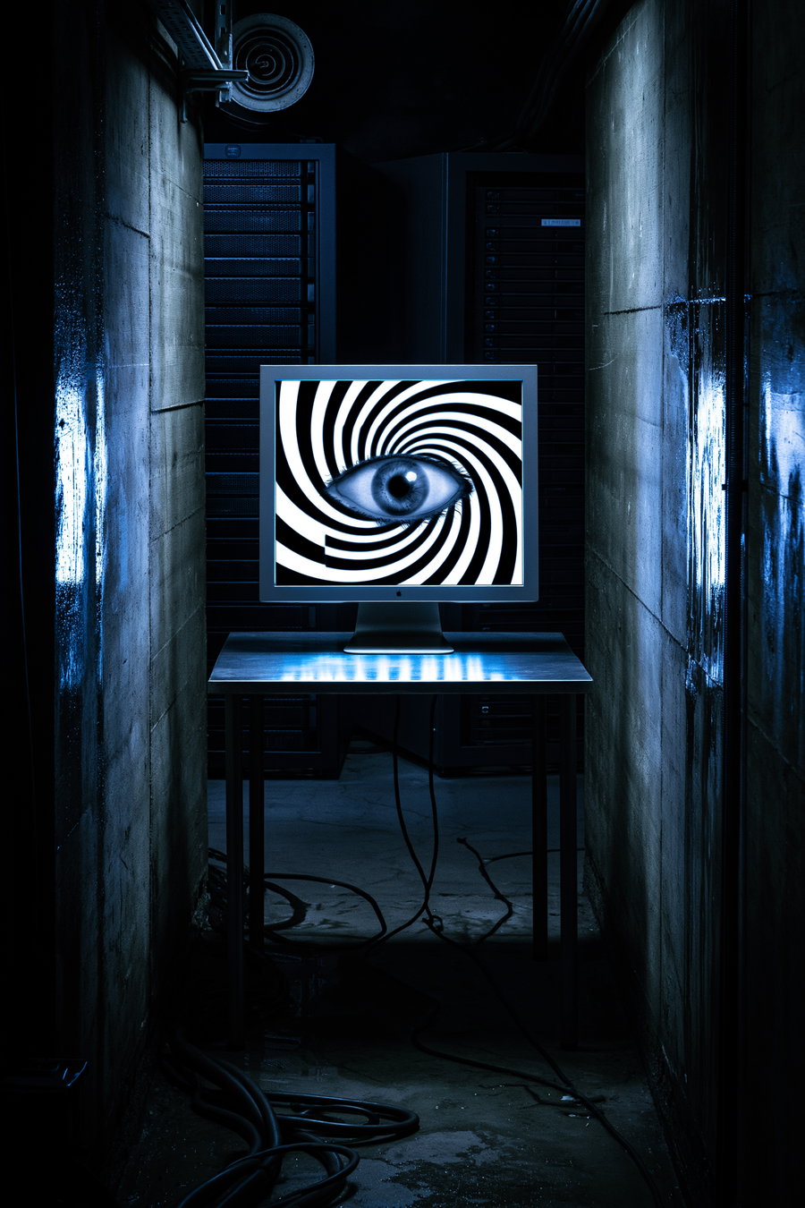 A computer monitor on a small table in a narrow, dark corridor is showing a black and white spiral pattern with a blue eye at the center. The surrounding space has dark walls, cables on the floor, and a mysterious, dimly lit atmosphere.