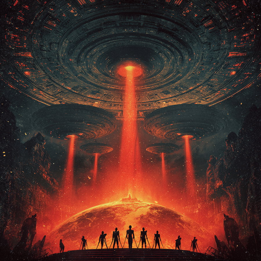 Futuristic dark landscape with large circular ships emitting red beams onto a glowing planet, silhouetted figures standing on a platform in foreground