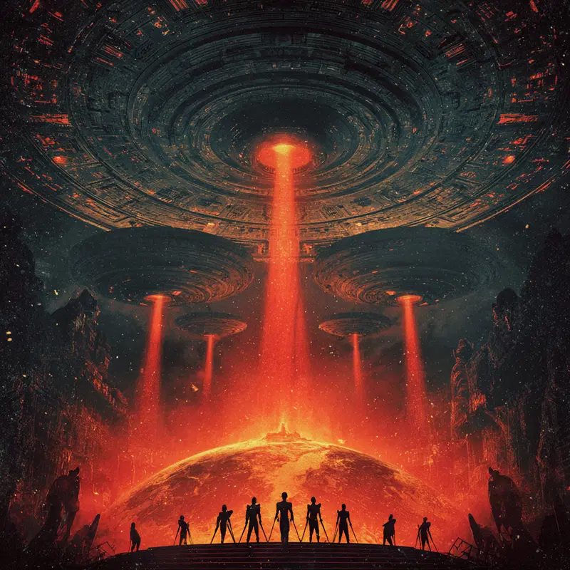 Dramatic dark academia style sci-fi scene with glowing red beams and silhouettes
