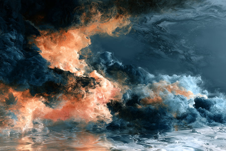 An abstract painting featuring swirling blue and orange textures that resemble clouds or smoke, reflected on a water surface below