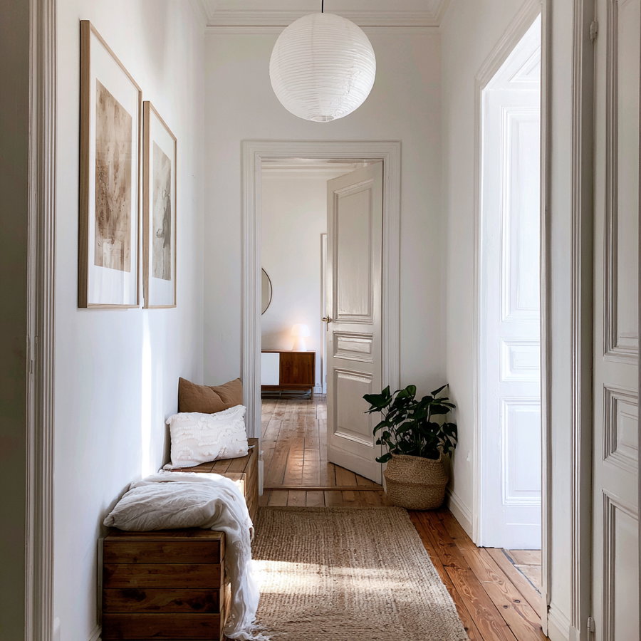 A bright hallway featuring white walls, three pieces of neutral-toned framed art, a wooden bench with pillows and a throw, a woven rug, a large leafy plant in a basket, wooden flooring, and a paper lantern ceiling light