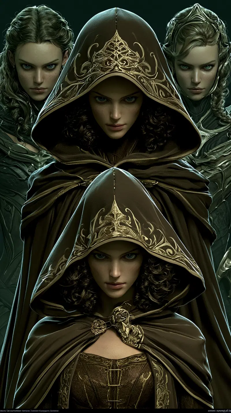 Intricately Detailed Fantasy Artwork of Hooded Women in Enchanted Attire