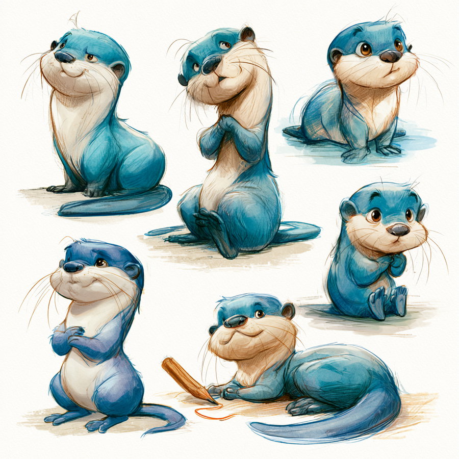 Illustrations of six cute blue otters with white bellies in various poses such as sitting, standing, and lying down, one holding a pencil drawing a line